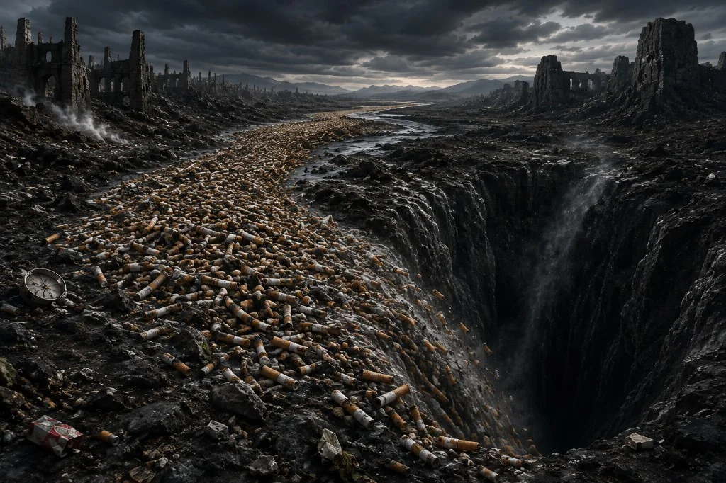 Dark landscape with a river of discarded cigarettes flowing into an abyss