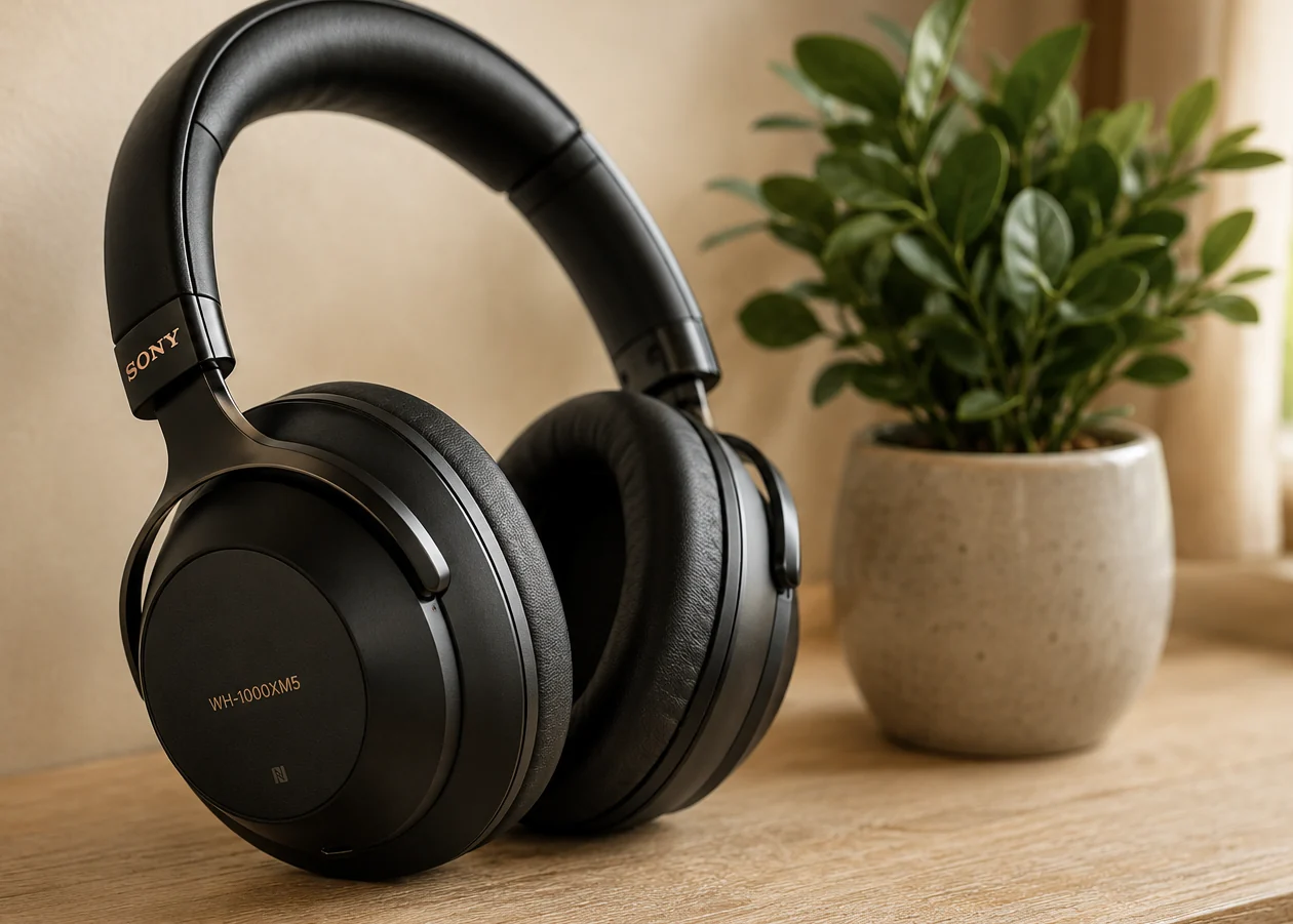 Premium over-ear headphones beside a small plant